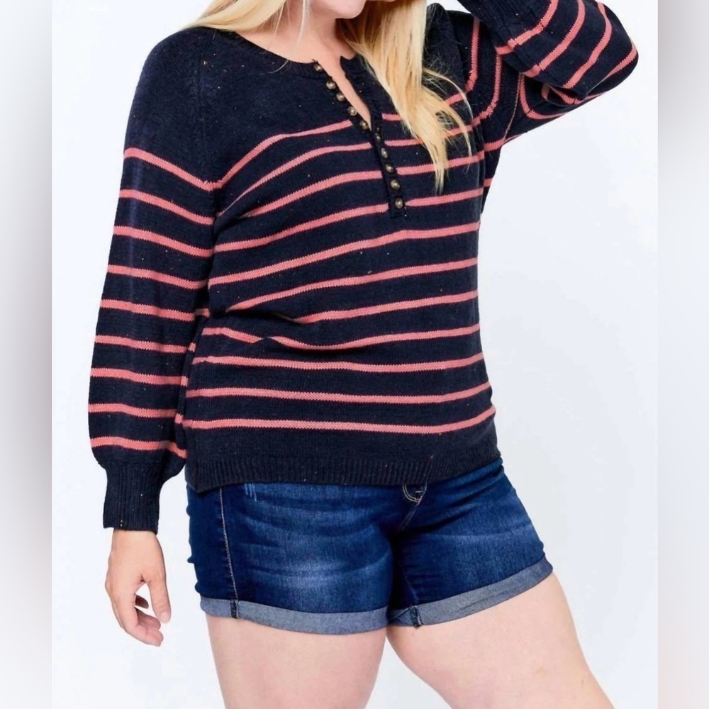 Davi & Dani nvy & pnk stripe Henley Swtr SZ 3X nautical Cabincore fisherman